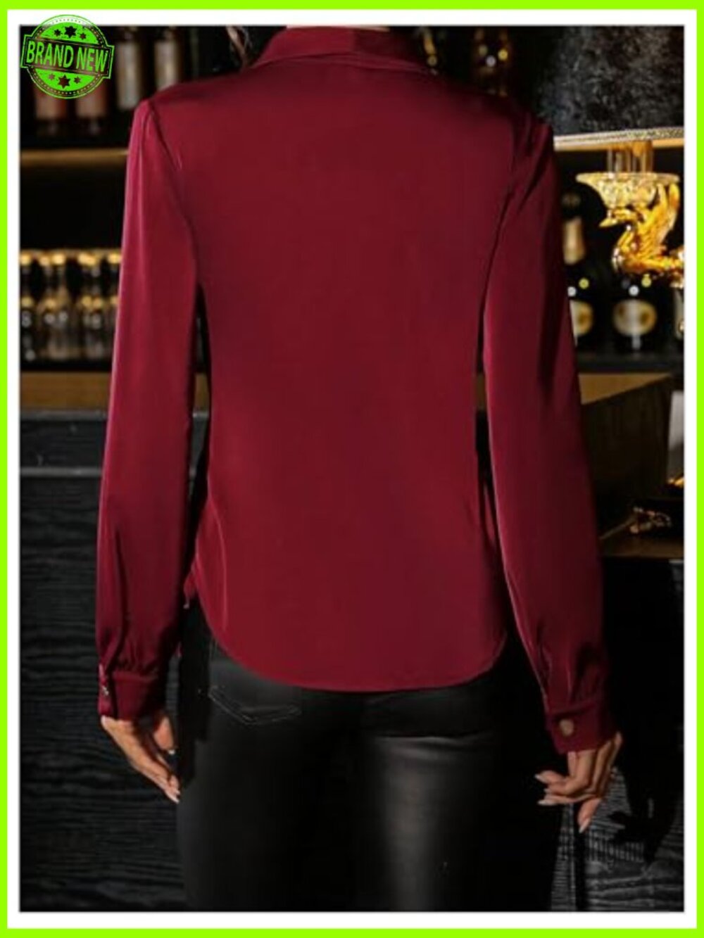 Deep V Neck Satin Blouse Long Sleeve Tie Waist Wrap Shirt Top - Picture 2 of 5